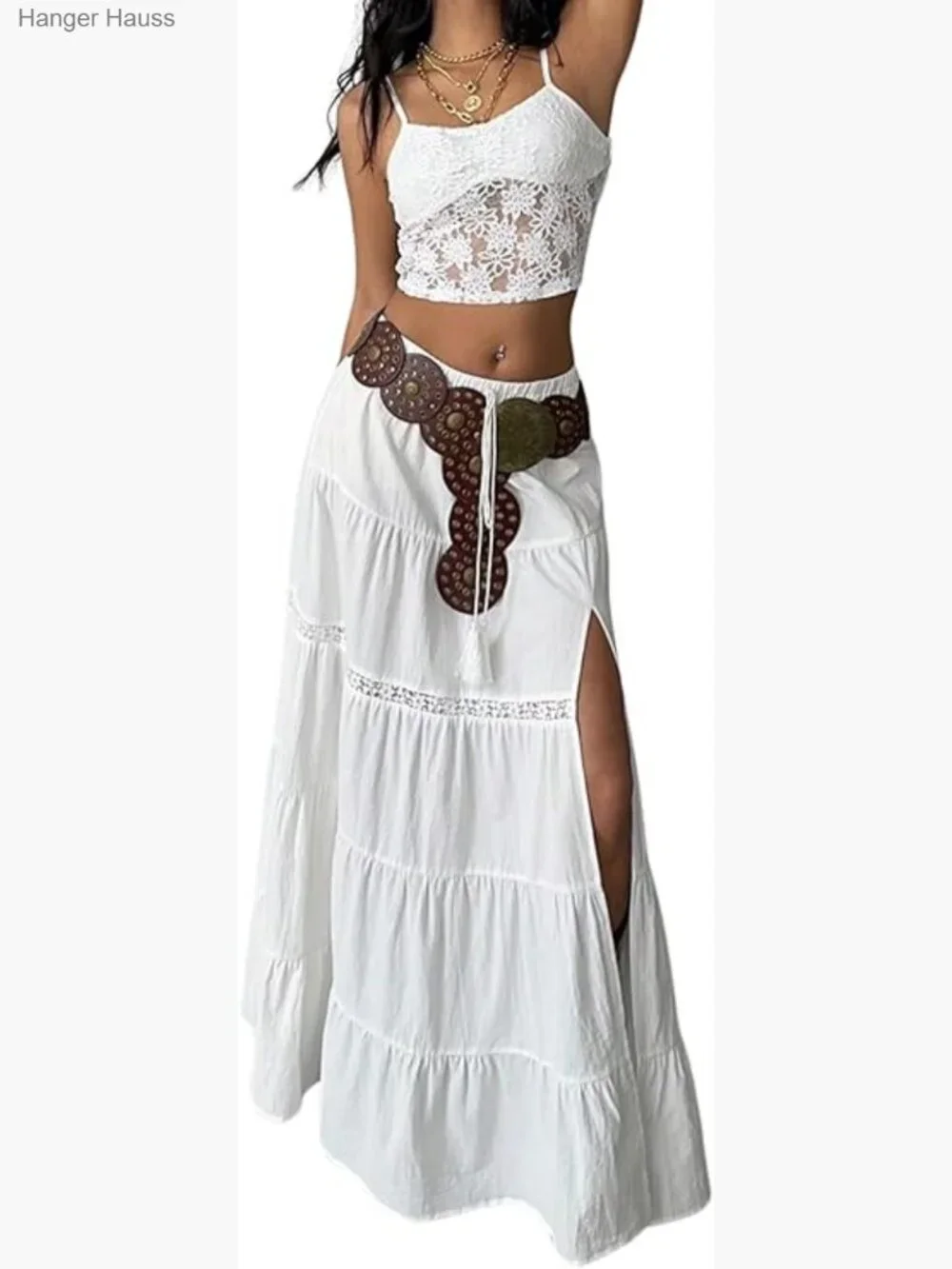 Boho Western Lace Layered Ruffle Maxi Skirt with High Slit